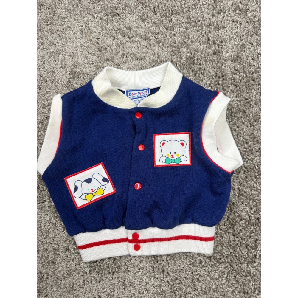 Doe-Spun Vintage Baby Vest Size 12 Months Blue Knit Varsity Dog Bear Patches